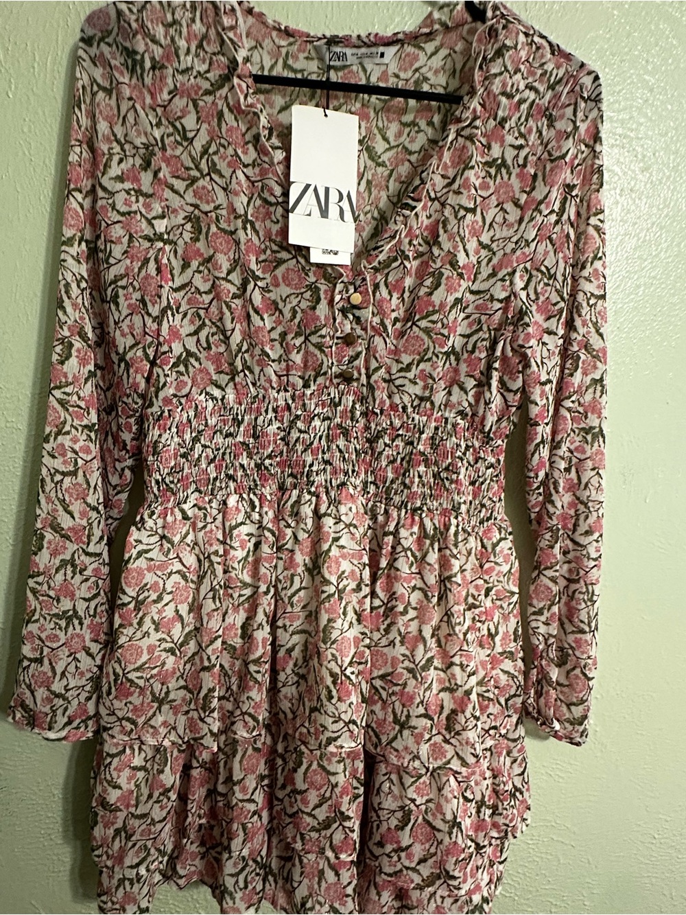 Zara Pink and Green Floral Smocked-Waist mini dress